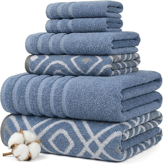 Modern Threads Classic Diamond 6-Piece 100% Cotton Towel Set – Yarn Dyed Jacquard – Includes 2 Bath Towels, 2 Hand Towels, 2 Washcloths – Absorbent, Quick Dry, Soft & Durable – Blue