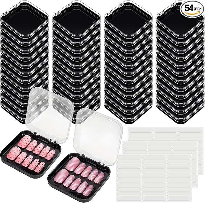 AceOrbit 48 Pcs Press on Nail Boxes with 180 Pcs Adhesive Double Sided Tape Acrylic Press on Nail Packaging Cases Black Transparent Storage Case Organizer for Display Art Salon Supplies