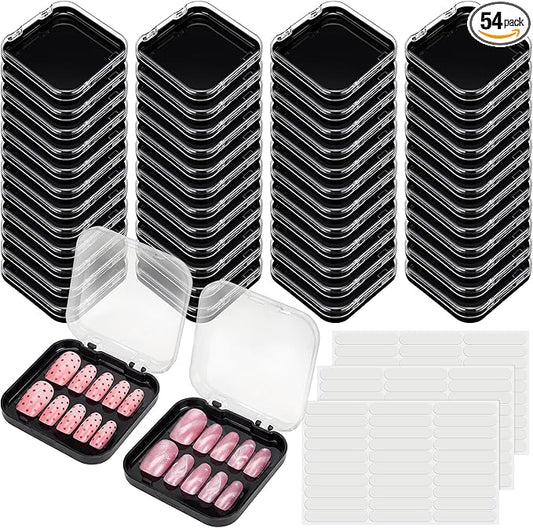 AceOrbit 48 Pcs Press on Nail Boxes with 180 Pcs Adhesive Double Sided Tape Acrylic Press on Nail Packaging Cases Black Transparent Storage Case Organizer for Display Art Salon Supplies