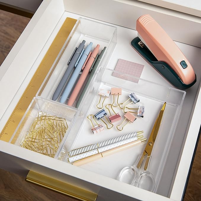 Martha Stewart Brody Desktop Storage Organizer, Stack and Slide Plastic Organizer Tray, Organizer for Office, Kitchen, or Vanity, 1-S, 1-M, 1-L