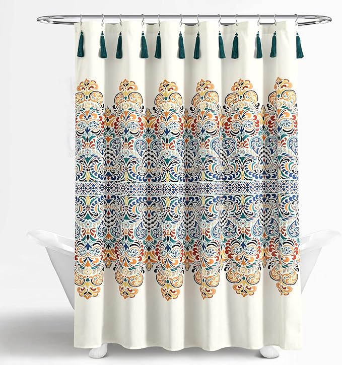 Lush Decor Boho Medallion Shower Curtain Single 72" W x 72" L Turquoise & Tangerine - Boho Shower Curtains for Bathroom Decor - Blue Bathroom Curtain