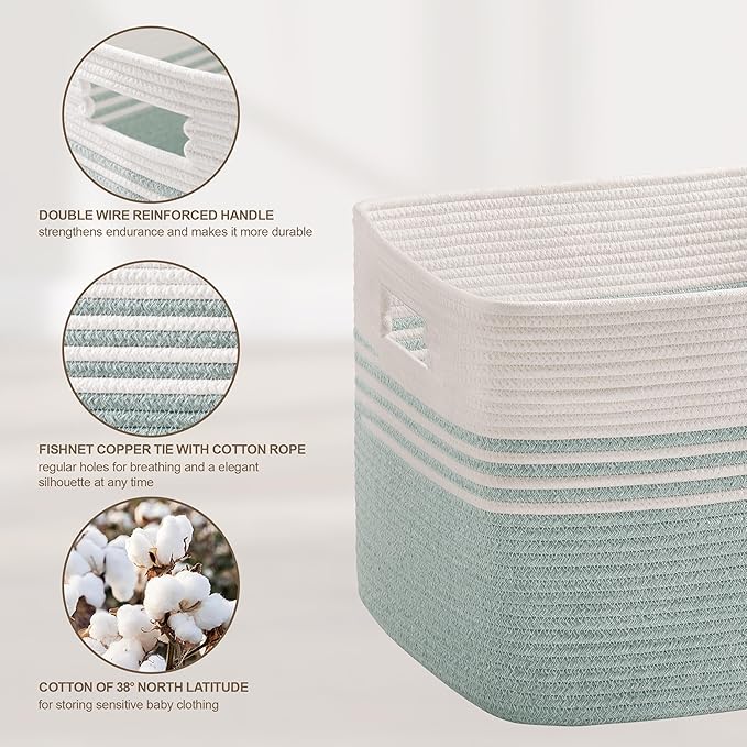 100L Extra Large Laundry Basket for Living Room Storage,Woven Rope Baskets for Blanket,Kids Toy,Gifts,Wicker Hamper for Bedroom Dirty Clothes,24"x16"x16" White Green