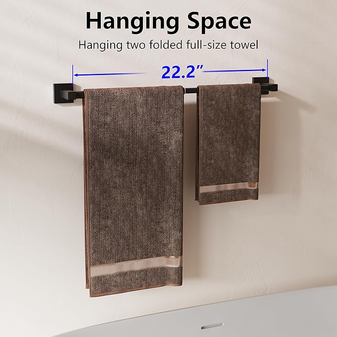 Towel Bar, Adjustable 12.7inch to 23.2inch Wall Mounted Towel Rack for Bathroom, Kitchen, SUS 304 Stainless Steel Towel Rod with Square Base (Matte Black)