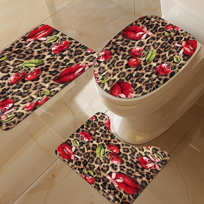 LIGHTINHOME 4 PCS Lip Cherry Leopard Shower Curtain Set 72Wx72H,Toilet Lid Cover,Non-Slip Rugs and U-Shaped Mat,Retro Cheetah Bathroom Sets with Rugs Shower Accessories 12 Hooks for Bathroom Decor