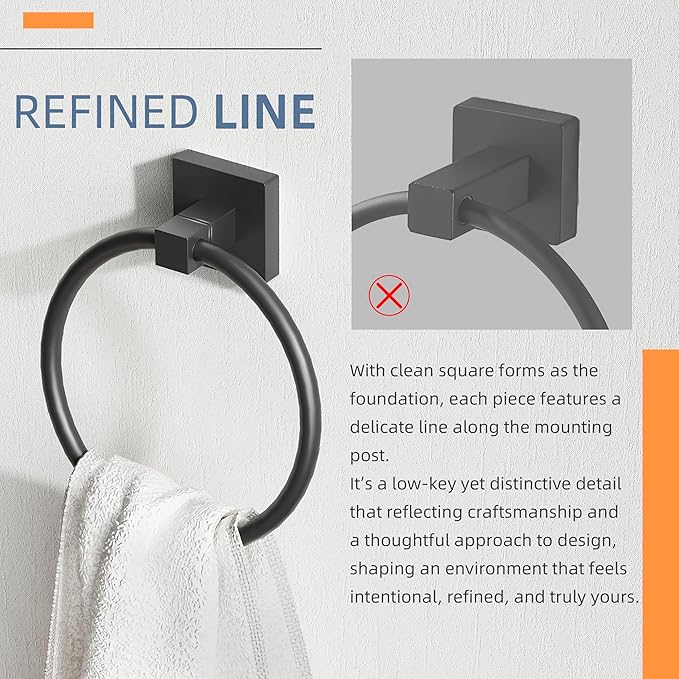 RUACQ Towel Ring, Square Base Hand Towel Holder, Stainless Steel Hand Towel Hanger Wall Mounted, Modern Hand Towel Holder for Bathroom, Heavy Duty (Matte Black)
