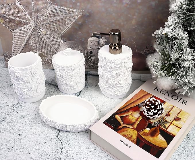 Hymmah Bathroom Accessories Set,Rose Design Bathroom Set,Farmhouse Bathroom Decor,4 Pcs Resin Gift Set Apartment Necessities, Contain Cotton Swab Jar,Soap Dispenser,Soap Dish,Tumbler White