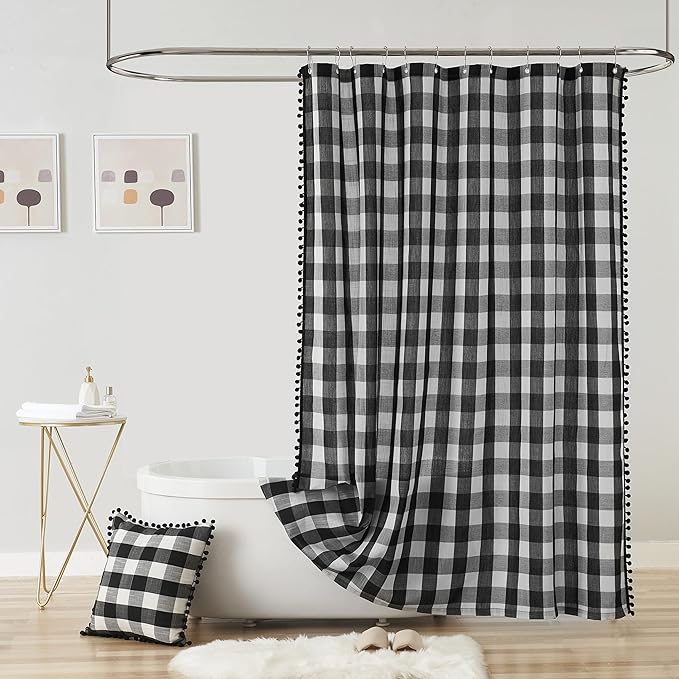 VOILYBIRD Black and White Shower Curtain Linen Texture Buffalo Plaid Farmhouse and Boho Mix with Pompoms 36"x72"