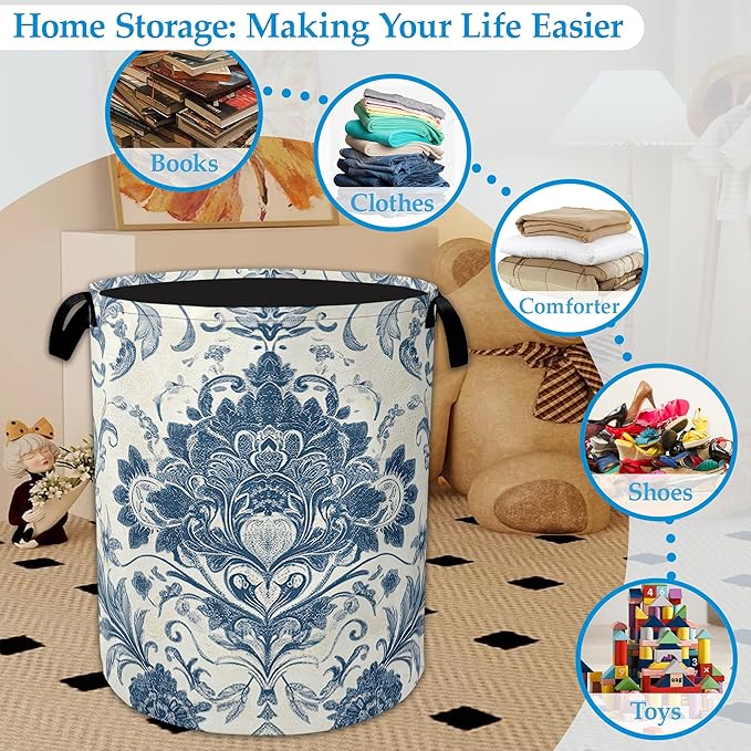 Vintage Blue Floral Laundry Basket Collapsible Laundry Hamper Clothes Toy Storage Bin for Bathroom Bedroom Room Decor 16" X 20.8"