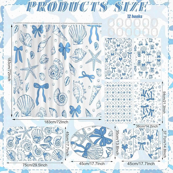 Tatuo 8 Pcs Beach Shower Curtain Set Blue Bow Ocean Bathroom Accessories Sets Coquette Starfish Coastal Waterproof Shower Curtain with Towels Carpet Bath Mat Toilet Rug 12 Hooks for Summer Beach Party