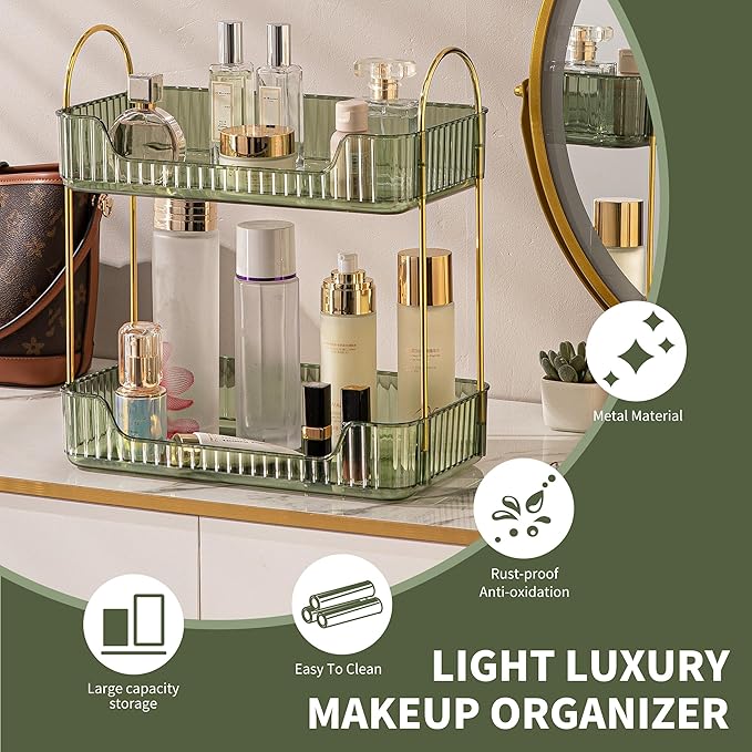 CESTATIVO Bathroom Organizer Countertop, Vanity Trays for Bathroom, Skincare Makeup Shelf, Organizer, Counter Shelf Cosmetics, Toiletries, Lotions, Perfumes (2 Tiers, Green)