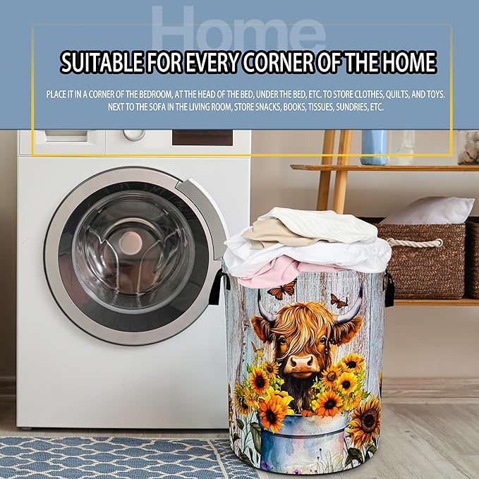 NUTAINLA Highland Cow Sunflower Laundry Basket Animal Foldable Oxford Cloth Funny Tote Bag Laundry Hamper Clothes Storage Bucket Toy Organizer For Bathroom/Laundry Storage/Bedroom 18.9x16.5 Inch