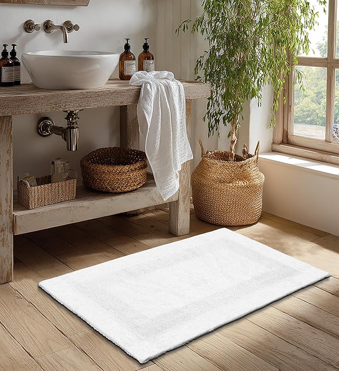 COTTON CRAFT Luxurious Bathmat Rug - Set of 2 Reversible Heavyweight Large Step Out Bath Mats for Bathroom Floor, Tub and Shower - Pure Cotton Soft Plush Absorbent Tufted Racetrack Mat - 20x30 - White