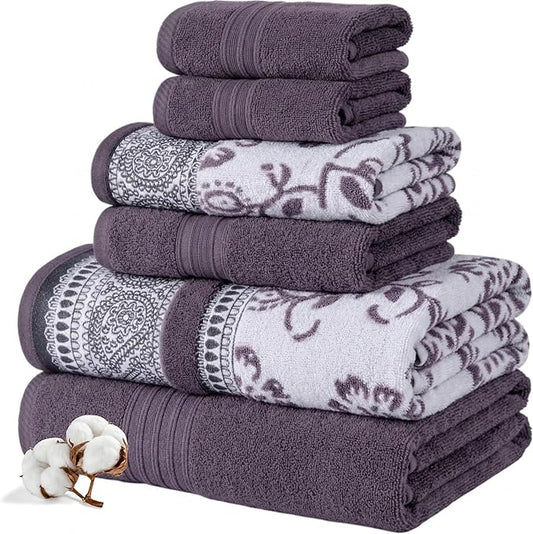 Modern Threads Floral Trail 6-Piece 100% Cotton Towel Set – Reversible Yarn Dyed Jacquard – Includes 2 Bath Towels, 2 Hand Towels, 2 Washcloths – Absorbent, Quick Dry, Soft & Durable – Purple