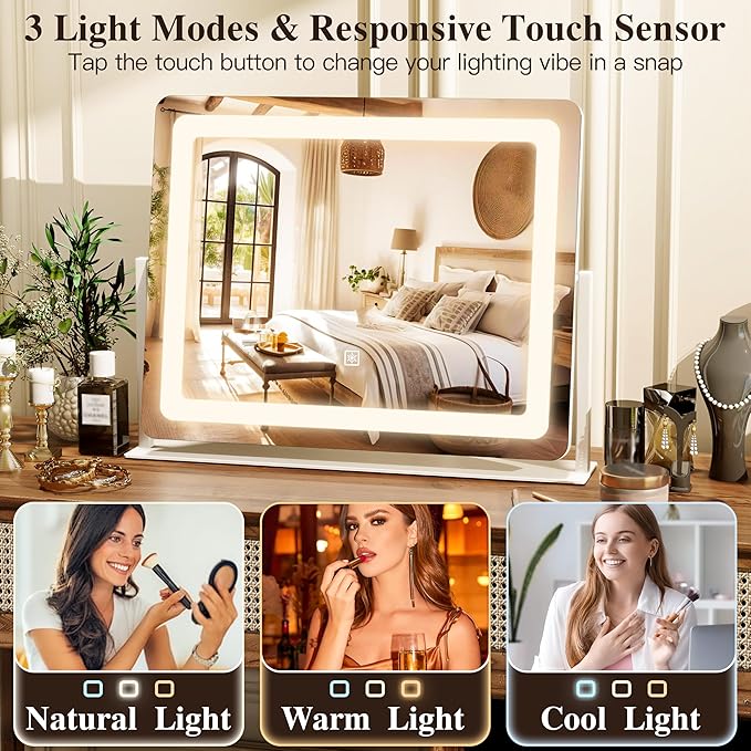 17" x22" Vanity Mirror with Lights, LED Makeup Mirror with Lights, 10X Magnification Mirror Makeup with 360°Rotation, 3 Color Modes＆ Dimmable,Light up Makeup Mirror for Vanity Desk, Travel, White