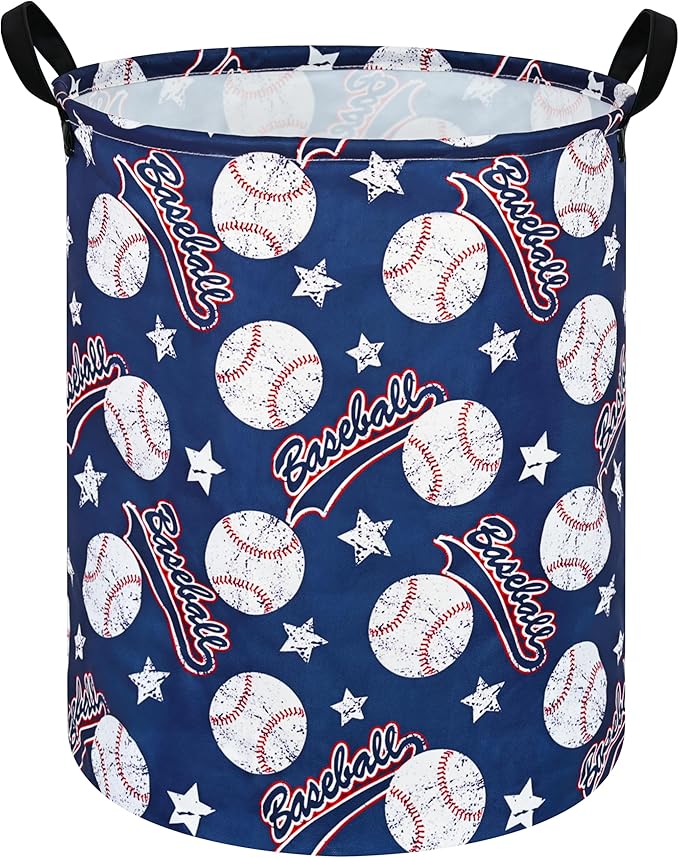 Round Baseball Pattern Laundry Hamper Clothes Storage Basket Fabric Storage Hamper Organization Storage Bin, Nursery Box,Gift Basket with Handles