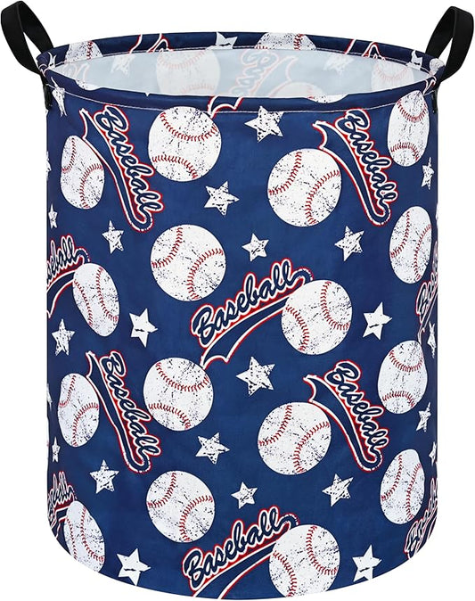 Round Baseball Pattern Laundry Hamper Clothes Storage Basket Fabric Storage Hamper Organization Storage Bin, Nursery Box,Gift Basket with Handles