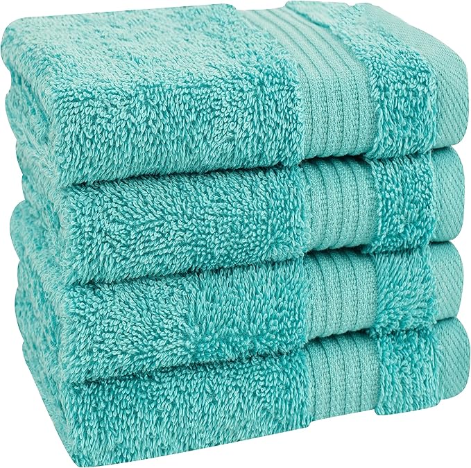 Cotton Paradise 100% Cotton Turkish Washcloth Set for Bathroom, 4 Piece Soft Absorbent Small Towels Wash Rags, Turquoise