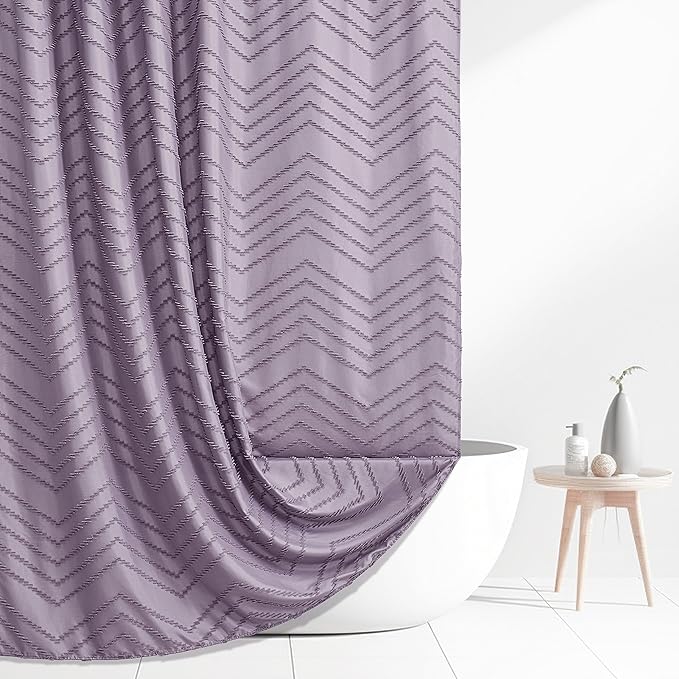 Extra Long Boho Shower Curtain - Purple Woven Fabric, 72 x 84, Tufted Chevron Striped, Modern Chic Textured Minimalist