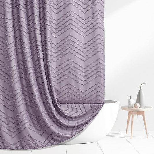 Extra Long Boho Shower Curtain - Purple Woven Fabric, 72 x 84, Tufted Chevron Striped, Modern Chic Textured Minimalist