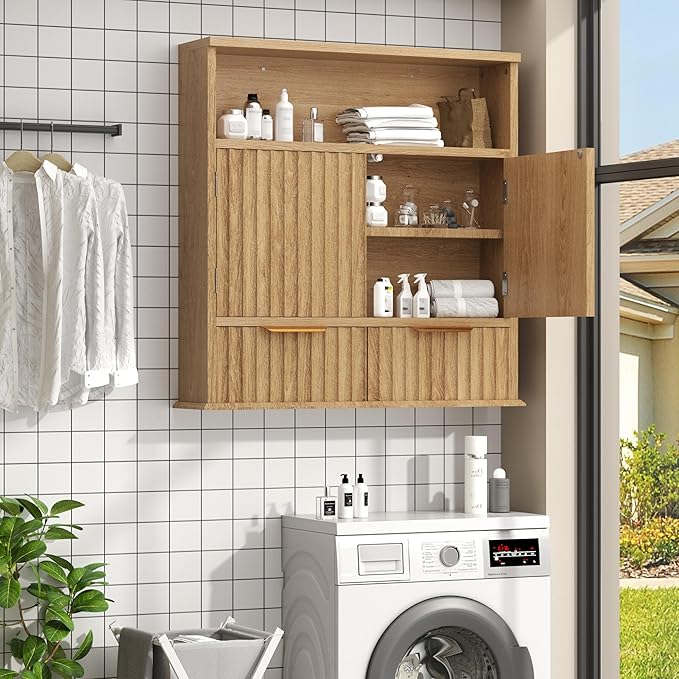 Fluted Bathroom Wall Cabinet with Drawers, Wooden Medicine Cabinet Organizer Over The Toilet, Wall Mounted Storage Cabinet with Open Shelf for Bathroom, Kitchen, and Laundry Room (Walnut)