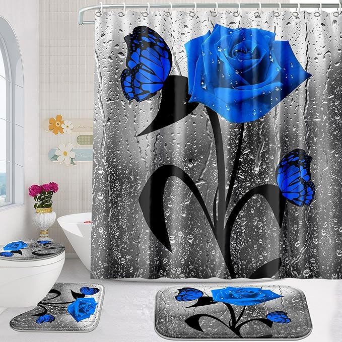 Poedist 4 Pcs Bathroom Shower Curtain Set,Blue Rose Bathroom Set, Shower Curtain Sets with Rugs(Bath Mat,U Shape and Toilet Lid Cover Mat) and 12 Hooks
