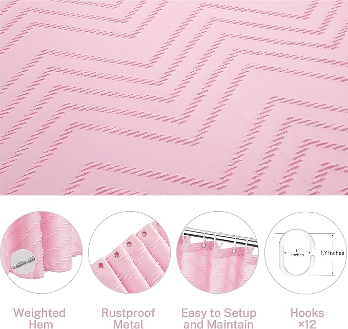 Pink Extra Long Boho Shower Curtain Pink Woven Fabric 78 in Shower Curtain, Tufted Chevron Striped, 72 x 78, Modern Chic Textured Minimalist Cute Shower Curtain for Bathroom