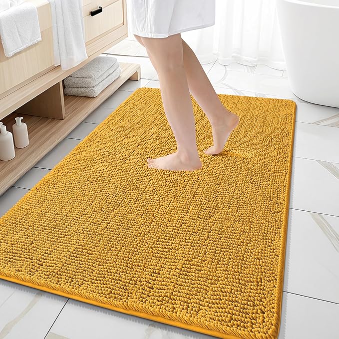 OLANLY Bathroom Rugs 59x35, Extra Soft Absorbent Chenille Bath Rugs, Rubber Backing Quick Dry, Machine Washable Bath Mats for Bathroom Floor, Tub and Shower, Home Decor Accessories, Golden Yellow