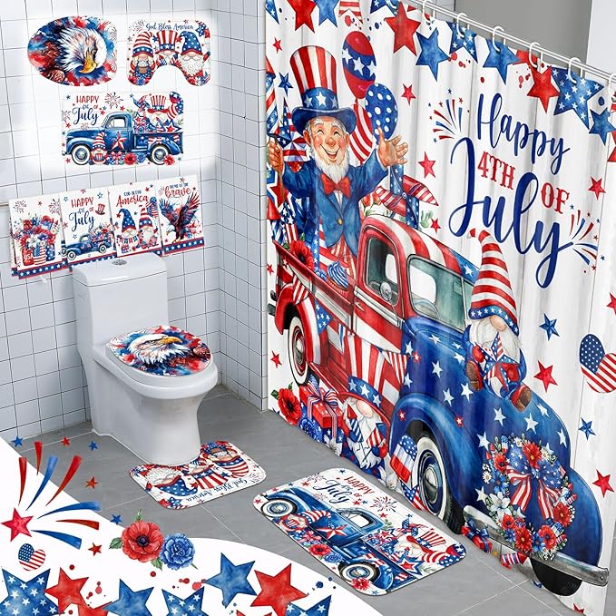 FuWeave 8 Pcs 4th of July Shower Curtain Set for Patriotic Bathroom Decor Include Red White and Blue Gnomes American Flag Shower Curtain Towels Non Slip Rugs Toilet Lid Cover Bath Mat and 12 Hooks