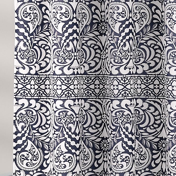 Lush Decor Boho Medallion Shower Curtain - Fabric Bohemian Damask Print Design with Tassels, 72" x 72", Navy