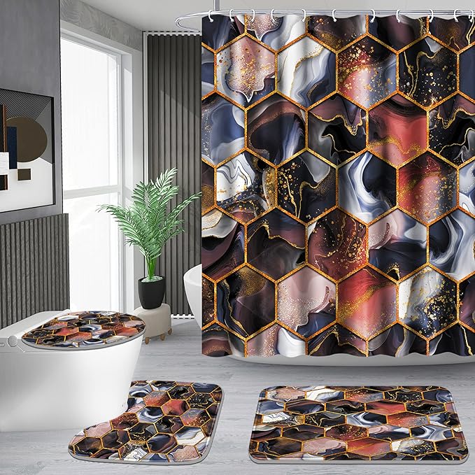 Poedist 4 Pcs Bathroom Shower Curtain Set,Purple Honeycomb Marble Bathroom Sets with Rugs(Bath Mat,U Shape and Toilet Lid Cover Mat) and 12 Durable Hooks