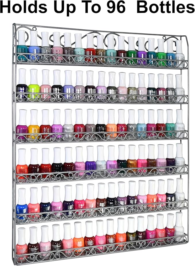 AMT Metal Nail Polish Racks for The Wall | Clear Nail Polish Display | Essential Oils Organizer | Holds up to 108 Bottles (Silver - 2 Pack)