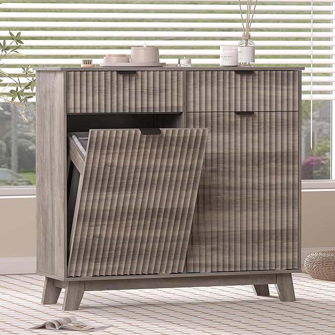 Wodeer Double Tilt Out Laundry Hamper Cabinet with 2 Drawers & Baskets, 20 Gallon Fluted Hidden Trash Can Cabinet, Farmhouse Wood Laundry Storage Cabinets for Bathroom, Kitchen, Grey