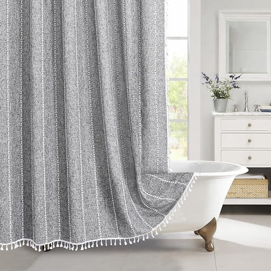 MitoVilla Boho Extra Long Shower Curtain 72 x 96, Darkgrey Modern Farmhouse 96 inch XL Polyester Linen Texture Tassel Fabric Shower Curtain Set with Hooks for Cottagecore Country Bathroom Decor