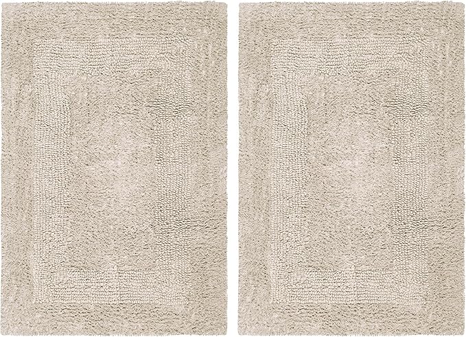COTTON CRAFT Luxurious Bath Mat Rug - Set of 2 Reversible Heavyweight Step Out Bath Mats for Bathroom Floor, Tub and Shower - Pure Cotton Soft Plush Absorbent Tufted Racetrack Mat - 17x24 inch - Linen