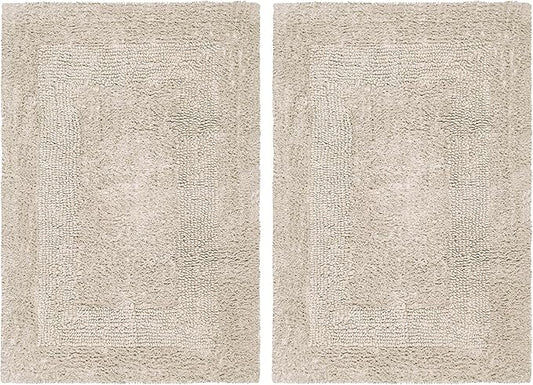 COTTON CRAFT Luxurious Bath Mat Rug - Set of 2 Reversible Heavyweight Step Out Bath Mats for Bathroom Floor, Tub and Shower - Pure Cotton Soft Plush Absorbent Tufted Racetrack Mat - 17x24 inch - Linen