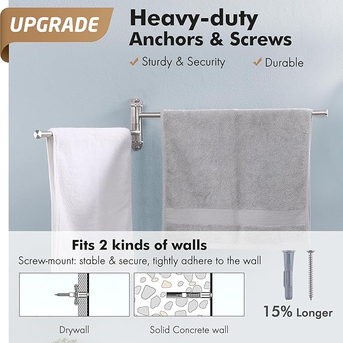 KES 19.5-Inch Bathroom Towel Rack, Swivel Towel Rack 2-Arm, Swing Out Double Towel Bar Wall Mounted, SUS304 Stainless Steel Brushed Finish, A2103S2L50-2
