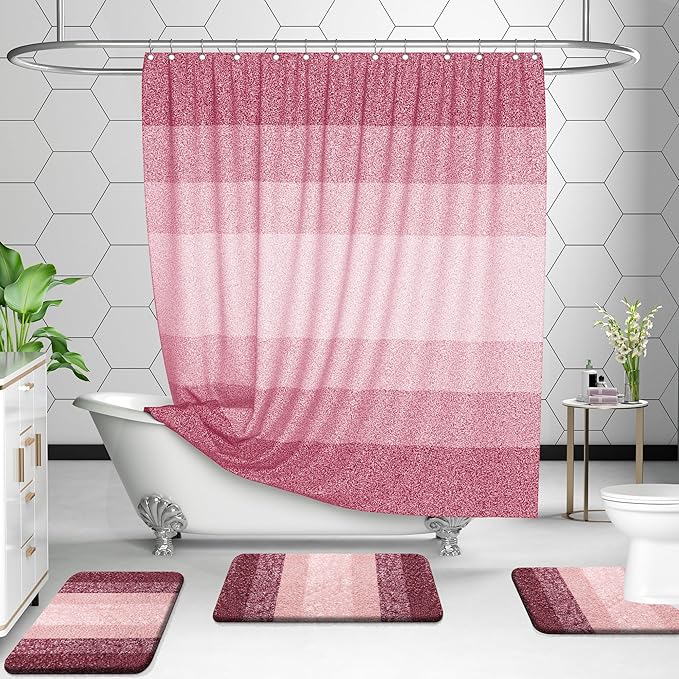 OLANLY Bathroom Rugs Sets 3 Piece, Soft Absorbent Microfiber Bath Mats and U-Shaped Contour Toilet Rug, Plush Shaggy Bath Mat Set for Bathroom (47"x20"+24"x16"+24"x20", Red)