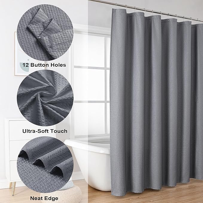 OVZME Berry Grey Waffle Shower Curtain, 3D Embossed Textured Grey Fabric Shower Curtain for Bathroom, Water Resistant Washable Hotel Spa Luxury Decorative Bath Curtains, 72x72 Inches