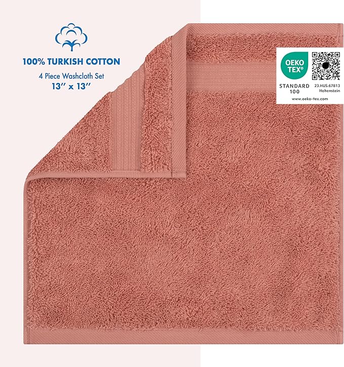 Cotton Paradise 100% Cotton Turkish Washcloth Set for Bathroom, 4 Piece Soft Absorbent Small Towels Wash Rags, Coral