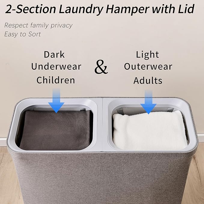 Double Laundry Hamper with Lid and Removable Laundry Bags,Large 2 Dividers Dirty Clothes Basket for LaundryRoom/Bedroom/Bathroom/College,150L