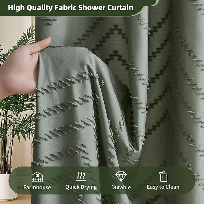 Extra Long Sage Green Boho Shower Curtain with Tassel, Woven Fabric 84 in Shower Curtain, Tufted Chevron Striped, 72 x 84, Modern Chic Textured Minimalist Bathroom Shower