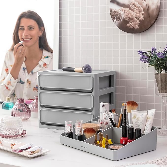 InnovaGoods® Makeup Organizer with 3 Drawers, 9 Compartments, Removable Tray, Bathroom or Bedroom Storage for Lipsticks, Palettes, Creams, Makeup Display Set, Grey