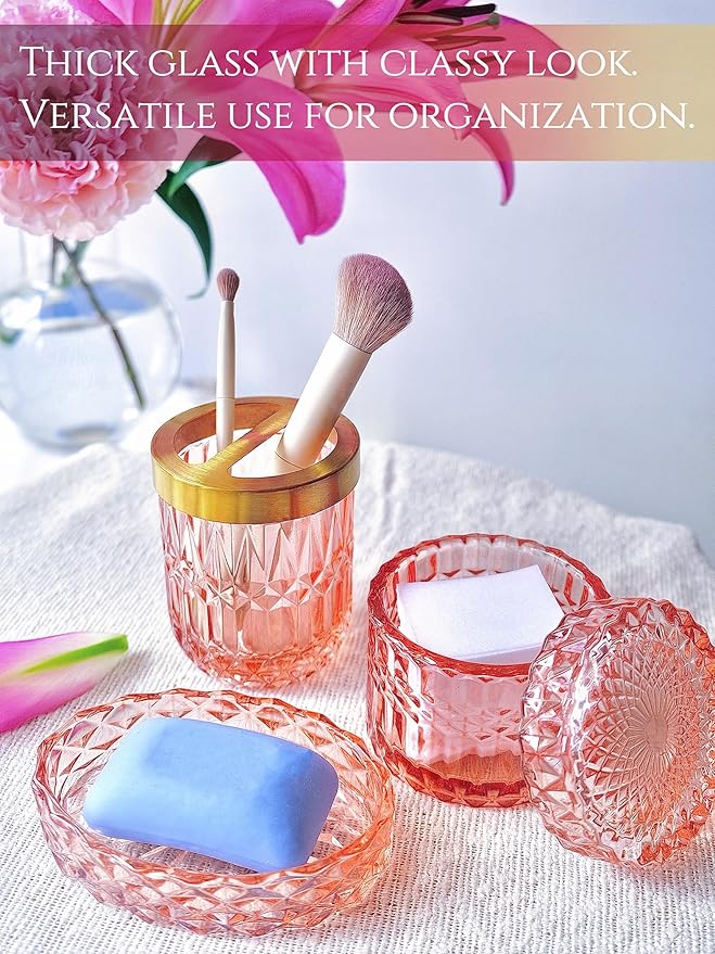 LaMarriti 5pcs Pink Bathroom Accessories Set, Crystal Clear Glass Bathroom Set, Soap Dispenser, Toothbrush Holder Set, Soap Dish, Tumbler, Qtips Holder, Modern Bathroom Decor, Gift Set
