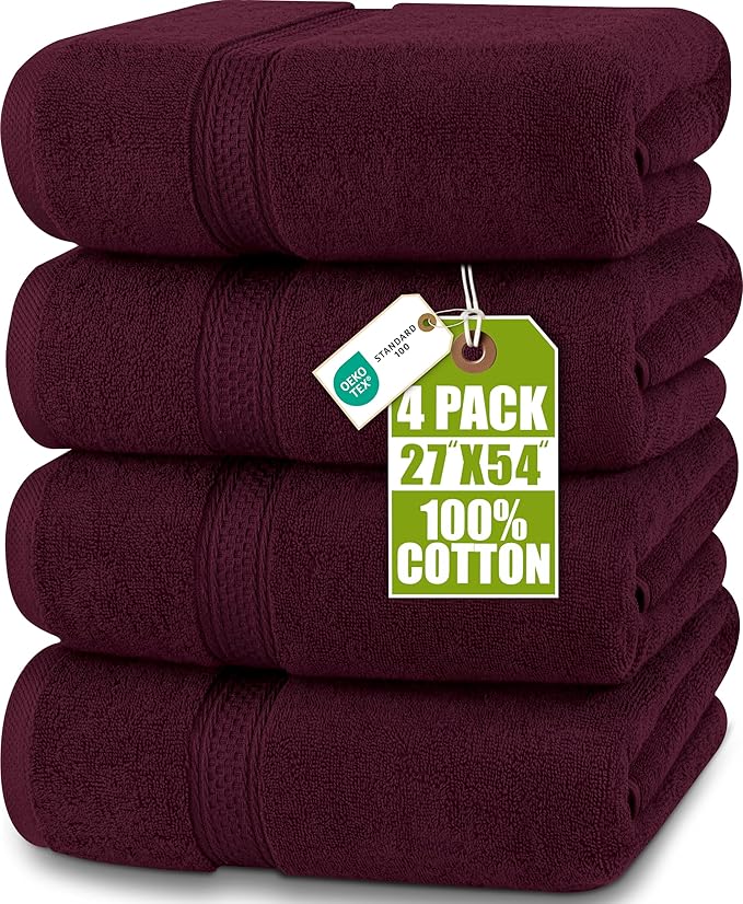 Utopia Towels 4 Pack Premium Bath Towels Set, 27 by 54 Inches, 100% Ring Spun Cotton 600GSM, Lightweight and Highly Absorbent Quick Drying Towels, Perfect for Daily Use, Burgundy