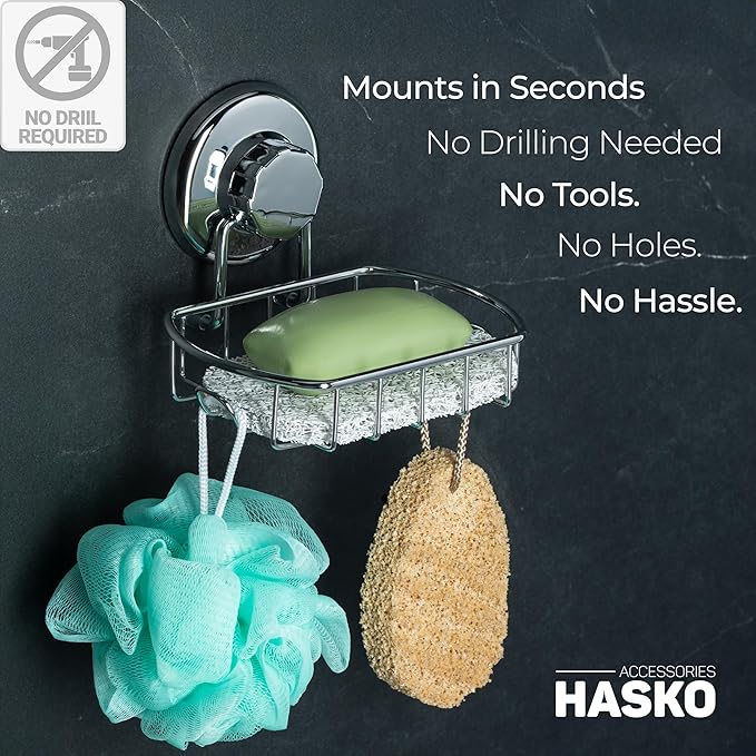 HASKO 2-Pack Suction Cup Soap Holder – Bar Soap Dish for Shower with Hooks for Bathroom – Optional Mounting with Adhesive Tape – Includes 2 Soap Savers – Polished Stainless Steel SS304