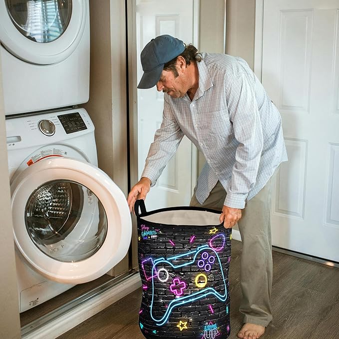 Gamer Laundry Basket Boys Hamper Foldable Kids Clothes Hampers Storage Basket Toy Organizer Boys Bedroom Decor (Neo gamepad, 43L)
