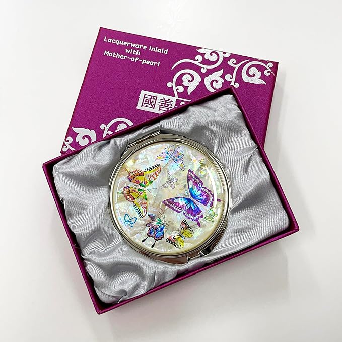 Portable Makeup Compact Double Magnifying Mirror Cosmestic Foldable Pocket Style Unique Mother of Pearl Design (Butterfly)