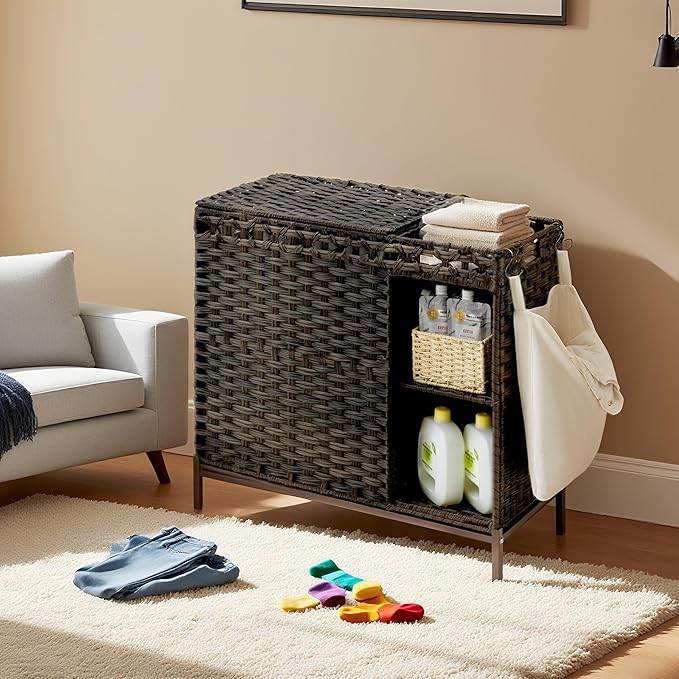 Gitelsnour Laundry Hamper with Lid, 110L (29.1 Gal) Rattan Laundry Hamper 2 Section with 50L (13.2 Gal) Storage Shelf, Wicker Woven Laundry Sorter Basket with 3 Liner Bags and Handles, Brown GLH002BR