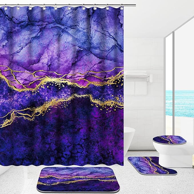 4 Piece Bathroom Set with Shower Curtain and Rugs, Gold Purple, Incl 12 Hooks, Soft Bath Mat, U-Shaped Floor Mat, Toilet Lid Oval Rug