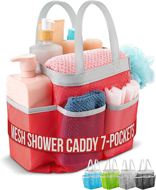 Handy Laundry Mesh Shower Caddy – 7 Pocket Portable Organizer Tote for Dorm, Gym, Travel & Bathroom – Quick Dry Collapsible Bag for College Essentials, Toiletries & Cleaning Supplies (Pink)